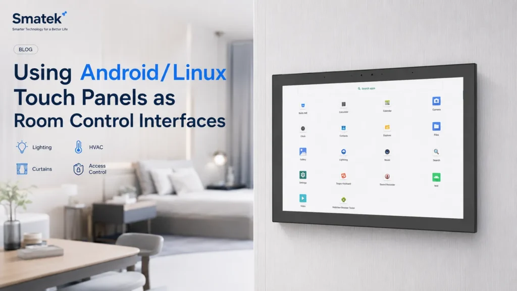 Smatek wall-mounted Android Linux touch panel used as a room control interface for lighting HVAC curtains scenes and access control