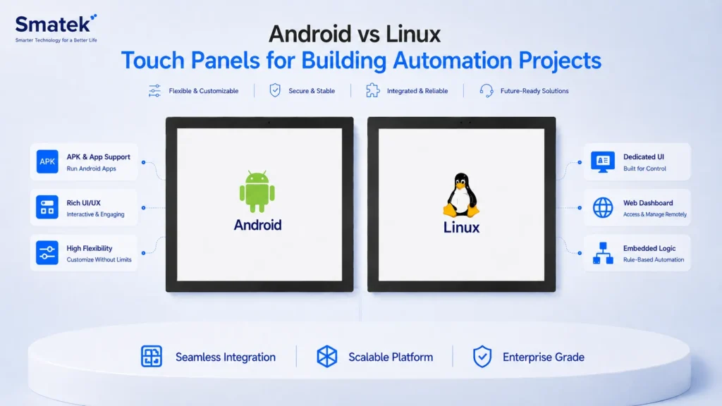 Smatek wall-mounted touch panels comparing Android and Linux platform directions for building automation projects