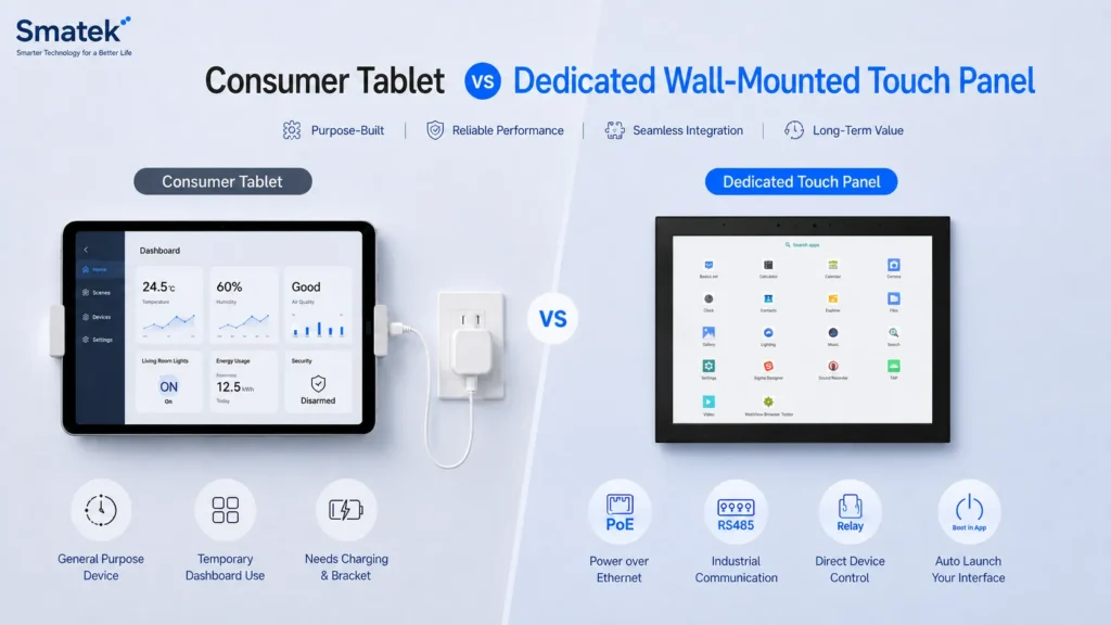 Comparison between a consumer tablet and a dedicated Smatek wall-mounted touch panel for smart home and building automation projects