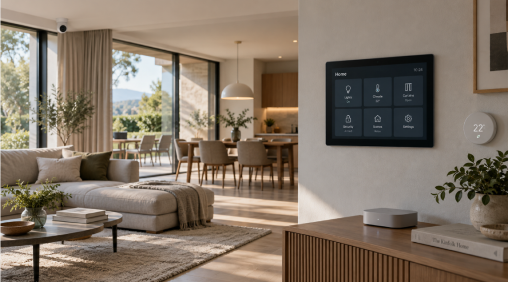 Modern smart home with wall-mounted control panel and local edge hub