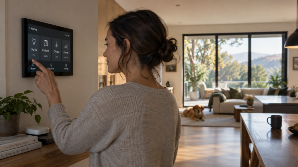 User operating a wall-mounted smart home control panel
